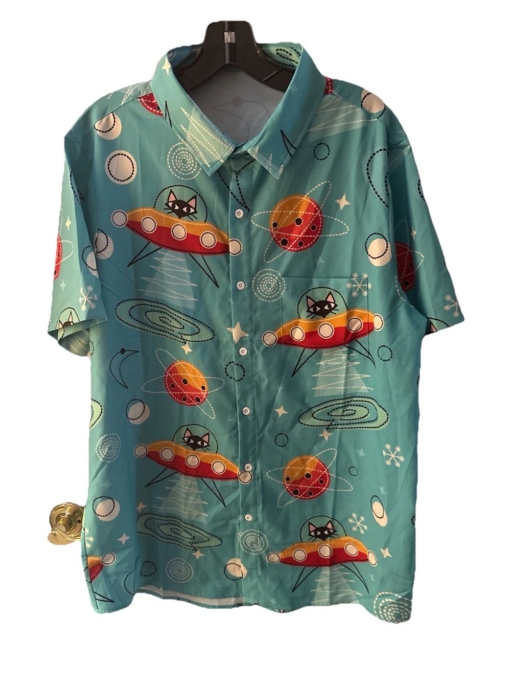 Men’s Shirt Retro Alien Black Cats Ufo Spaceships Sz M